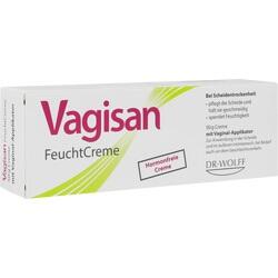 Weiße Packung mit rosa-gelbem Text für eine hormonfreie Vaginalcreme.