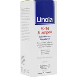 Eine weiße Shampoo-Verpackung von Linola mit blauer und roter Schrift.