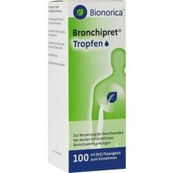 Weiße Packung mit Aufschrift "Bronchipret Tropfen", zur Linderung von Hustenbeschwerden.