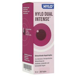 Eine Flasche Hylo Dual Intense Augentropfen für trockene und brennende Augen.