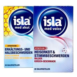 Zwei Packungen Halsbonbons für Erkältungs- und Stimmprobleme, mit Zitrus-Honig und Kirschgeschmack.